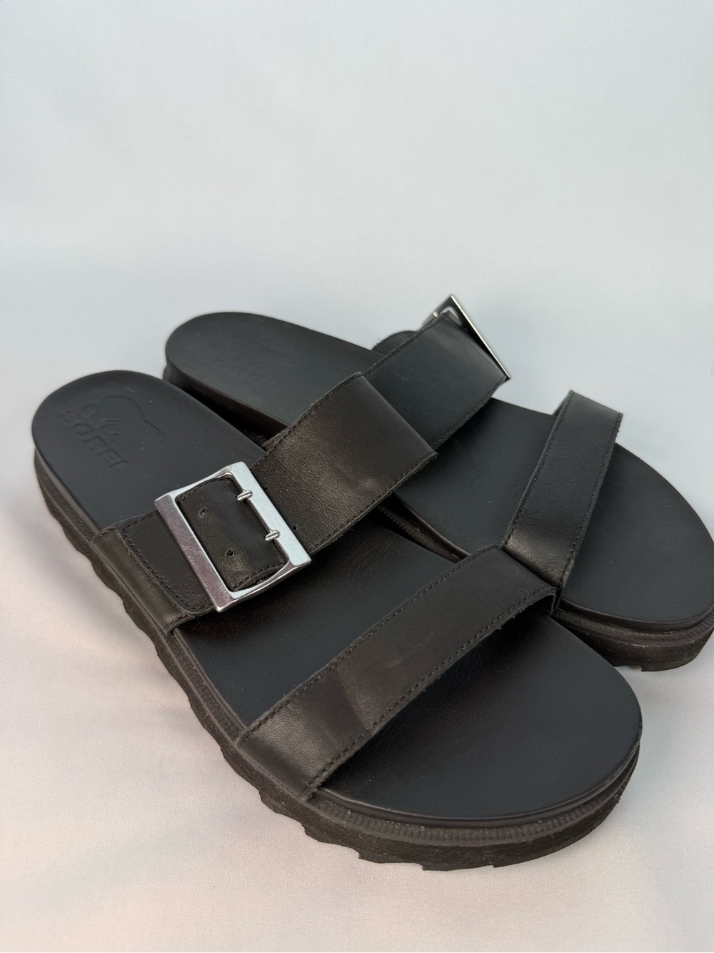 Sorel Roaming Buckle Slide Sandals Black Leather Platform Lug 9.5